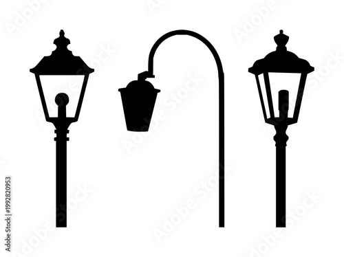 Street lamp set with solid black line art icon on white background featuring street lamp, illumination, urban lighting with night and cityscape