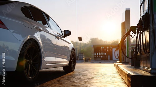 A modern white car is waiting for refueling at a gas station