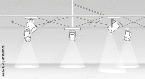 Stage lighting system with spotlights illuminating a dark space.