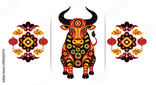 Vibrant vector illustration of ox with chinese lanterns and floral motifs