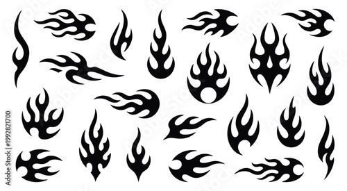 Abstract flame design collection, tribal style vector graphics, bold fire shapes with smooth curves and sharp edges, isolated on white background for custom artwork, logos, and modern graphic design.