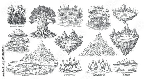 Haunted forest, ancient tree and floating islands with mountains and tundra