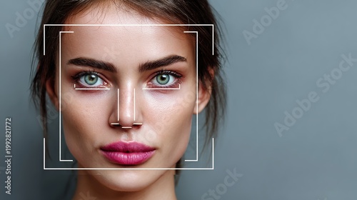 Beauty Recognition: A portrait of serene face with facial recognition technology, where beauty and technology converge. Emphasizing the harmony of innovation and the elegance of humanity.