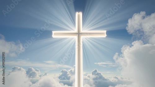 Radiant cross shining with divine light against a heavenly sky, symbolizing hope and faith