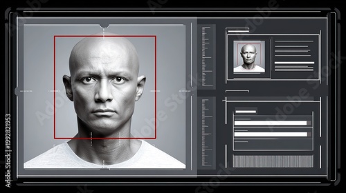 Futuristic Face Scan: A captivating visual of a bald person, centered within a modern, digital interface. The person's face is framed with a red box.