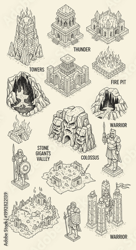 Fantasy Stone Giants Valley and Warriors Illustration Scene