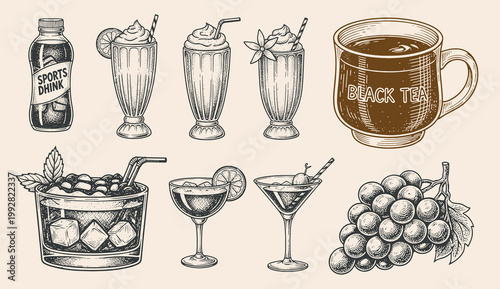 Assorted beverage and fruit illustrations with ice, tea and garnish