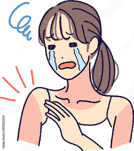 日焼け跡に気がついて泣いている女性のイラスト