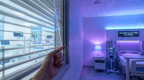 A person adjusting the blinds in a modern hospital room with circadian sleep mode lighting active