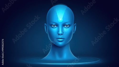 Futuristic Portrait: A mesmerizing blue female form emerges from a mysterious, ethereal pool. The image exudes an aura of enigmatic grace. The artwork depicts a woman.