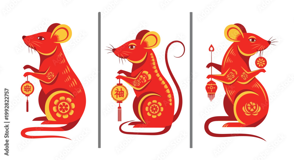 Obraz premium Red chinese rat vector illustrations holding lanterns in different poses