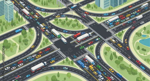 Busy city highway interchange with heavy traffic congestion.