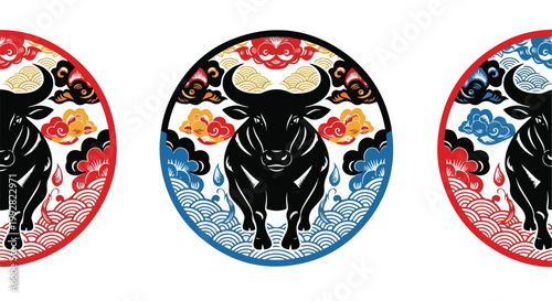 Colorful vector illustration of a bull surrounded by floral designs