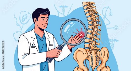 Doctor examining spine pain with magnifying glass, medical illustration