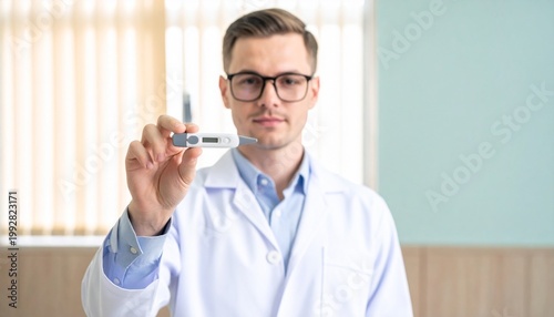   
A medical professional in a white coat points a digital infrared thermometer forward, symbolizing health screening, infection control, and clinical care.