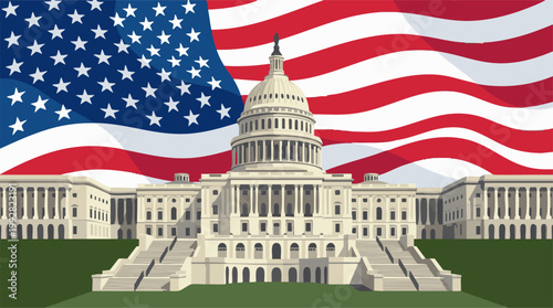 Bild auf Leinwand United States Capitol Building with Waving American Flag Illustration