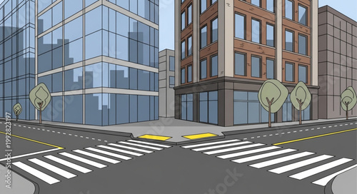 Modern City Buildings and Street Intersection with Crosswalks.