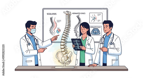 Doctors Discussing Spinal Health: Scoliosis, Vertebrae, X-ray Scan