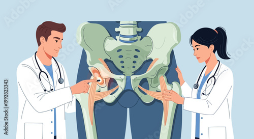 Doctors Examining Human Pelvis and Hip Joint Anatomy