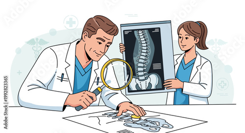Doctors examining spine x-ray, medical diagnosis, healthcare team collaboration