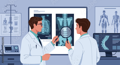 Doctors examining X-ray scans of human spine and skeleton in medical office