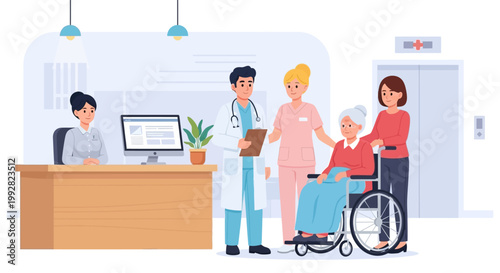 Healthcare team assisting elderly woman in wheelchair at hospital reception
