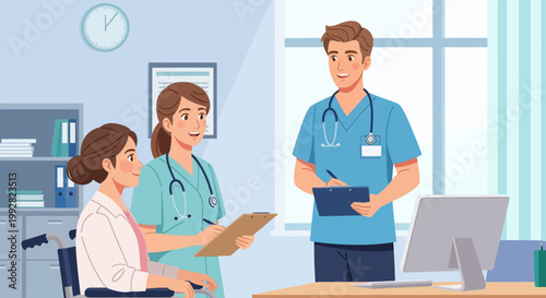 Healthcare team consulting with patient in wheelchair at clinic