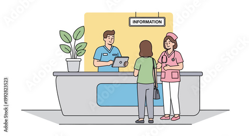 Hospital reception desk with nurse and patient interaction, information counter illustration