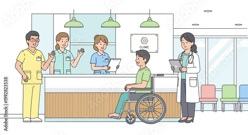 Hospital Reception: Doctor, Nurses, Patient in Wheelchair at Clinic Counter