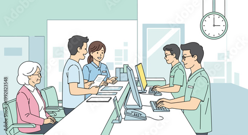 Hospital reception staff assisting patient and colleagues at counter