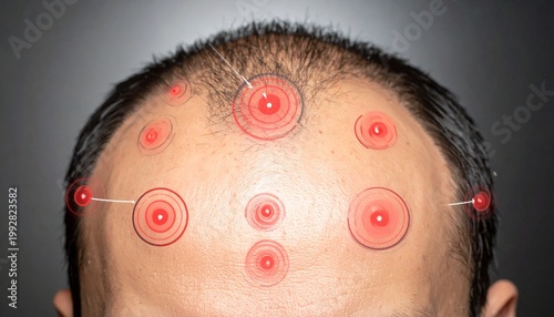   
A human scalp with thinning hair marked by red circular targets, symbolizing medical focus, treatment zones, and analysis.