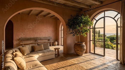 Luxury Mediterranean living room with beige sofa and potted tree