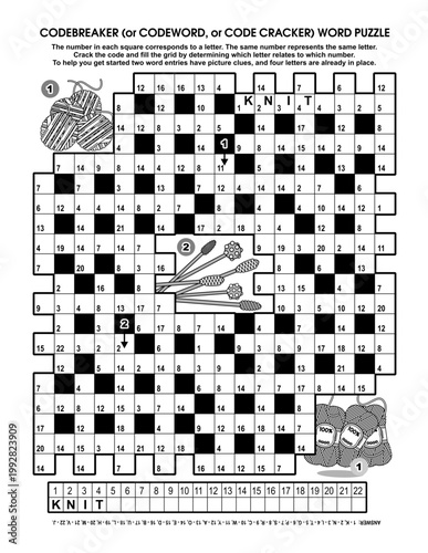 Knitting codebreaker (codeword, code cracker) word puzzle, brain game. Knitting picture clues as hints. Answer included.

