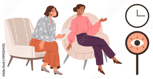 Therapy, mental health, counseling support, interpersonal communication, emotional awareness, time management. Two women sitting and talking, one gesturing with clock and eye icons. Therapy