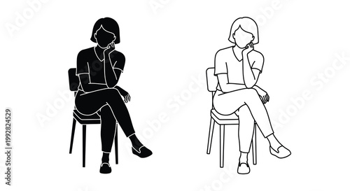 A minimalist black and white illustration depicts two seated women in pensive poses each resting their chin on their hand