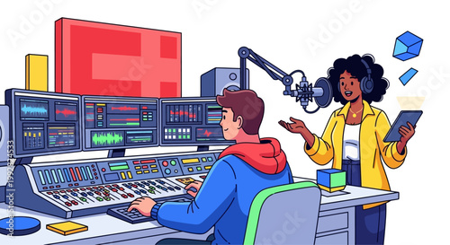 Two people working in a radio studio.