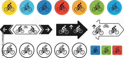 Cycling Direction Icon Set with Bicycle Symbols, Navigation Arrows and Bike Lane Signs for Transport Apps, Maps, Fitness Tracking and Urban Mobility Design