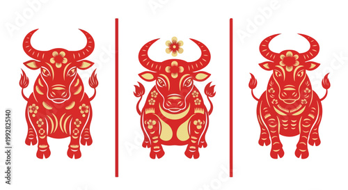 Red and gold vector illustrations of oxen with floral designs
