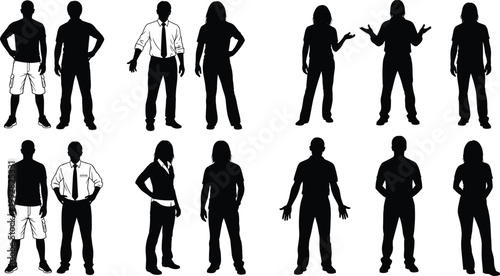 People silhouette collection featuring men and women standing in various poses isolated on background for lifestyle business and character design