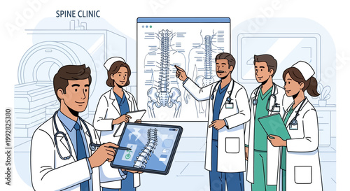 Medical Team Discussing Spine Health at Clinic with MRI Scan