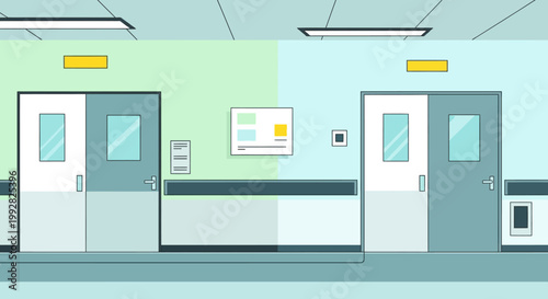 Modern Hospital Corridor with Doors, Flat Design Illustration
