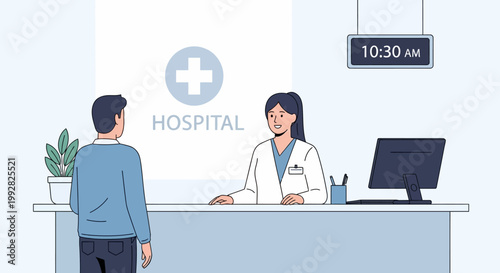 Patient at Hospital Reception Desk, Doctor Assisting at Counter