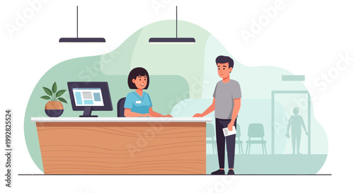 Patient at reception desk in modern clinic, medical appointment check-in