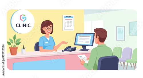 Patient Checking In At Clinic Reception Desk With Nurse