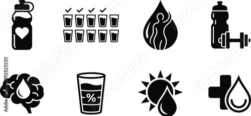 Hydration Health Wellness Drinking Water Icon Vector Set