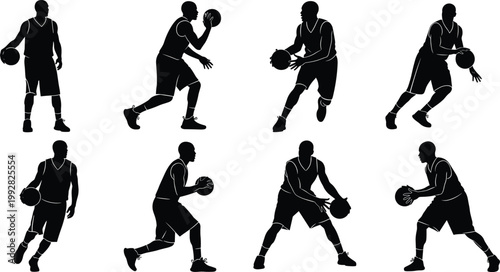 Set of basketball player silhouettes dribbling and moving poses, sport vector illustration for training, fitness, game action, and athletic design
