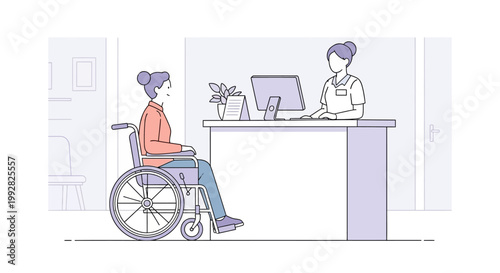 Patient in Wheelchair at Reception Desk, Healthcare Service, Medical Assistance