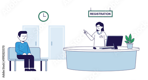 Patient Registration at Hospital Reception Desk with Nurse and Waiting Area