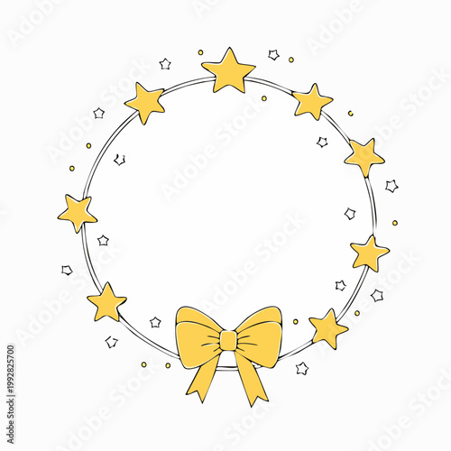 星空キラキラ円形フレームかわいい黄色リボン線画ポップ枠
