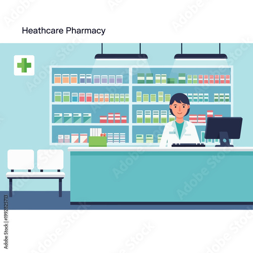 Pharmacist behind counter in modern pharmacy with shelves full of medicine.